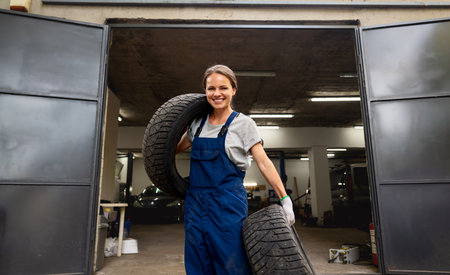 Female mechanic carrying tires in auto repair and tire service shop. Woman at work.の写真素材