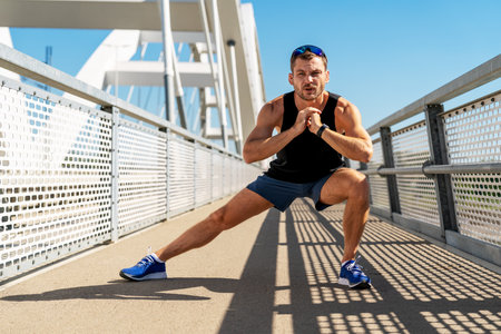 Adult fit man exercising on urban bridge during outdoor workout