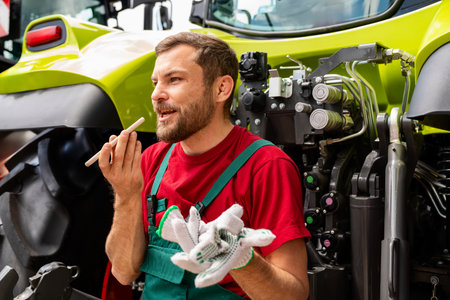 Rural worker sending voice message near agricultural machinery