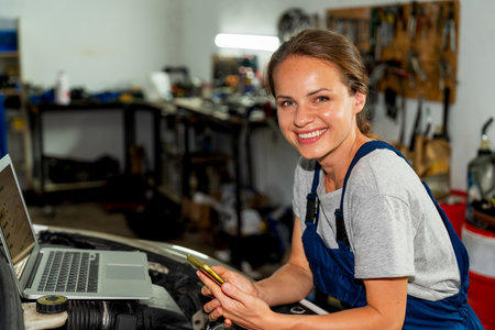 Smiling female mechanic working in auto repair shop