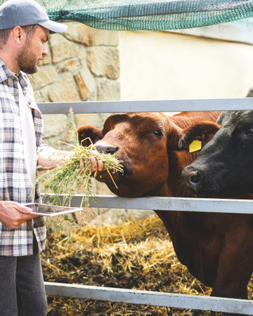 Farmer hand-feeding cow with hay in livestock barnの写真素材