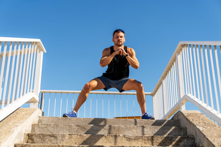 Adult man performing fitness exercise outdoors on sunny day.の写真素材