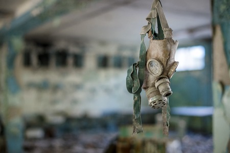 Gas masks in the middle school in Pripyat, Chernobyl exclusion zone. Nuclear catastropheの写真素材