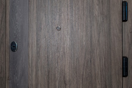 Closed door.Dark brown wooden door closeup. Modern interior design, door handle. New house concept. Real estate.の写真素材