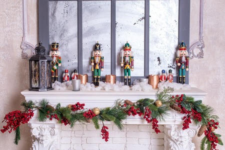 Beautiful holiday decorated room with Christmas tree, fireplace and with presents. Cozy winter...