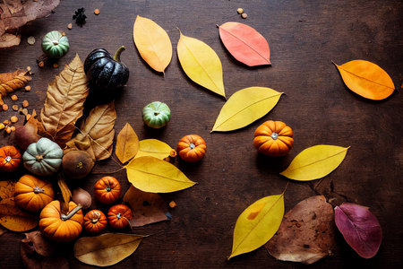 Autumn background of fallen leaves, berries and pumpkins on a WHITE wooden table. Halloween concept....