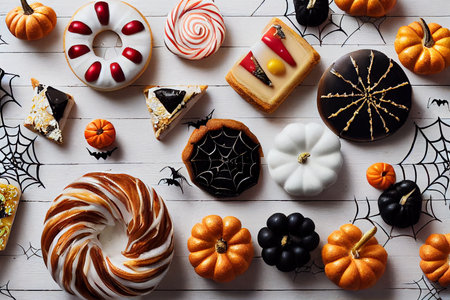 Autumn background of fallen leaves, berries and pumpkins on a WHITE wooden table. Halloween concept. 3d illustrationの写真素材