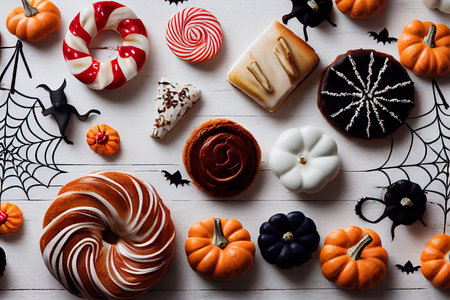 Autumn background of fallen leaves, berries and pumpkins on a WHITE wooden table. Halloween concept. 3d illustrationの写真素材