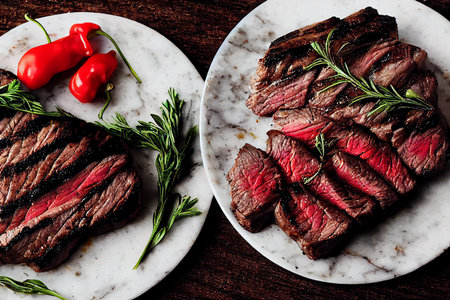 steak with rosemary and spices grilled with tomatoes and spicesの写真素材