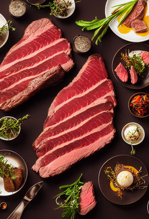 steak with rosemary and spices grilled with tomatoes and spicesの写真素材