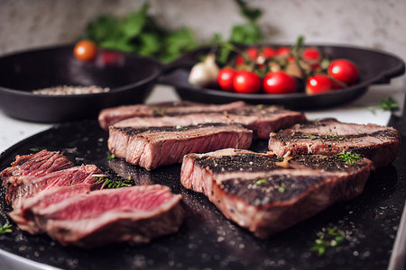 steak with rosemary and spices grilled with tomatoes and spicesの写真素材