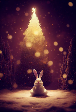 cute fluffy christmas bunny in new year forest with christmas gifts, cartoon characterの写真素材