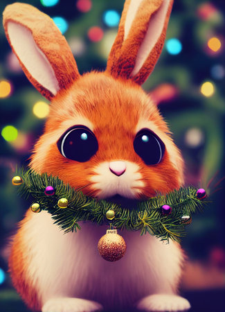 cute funny rabbit on the background of a fabulous winter forest, christmas card