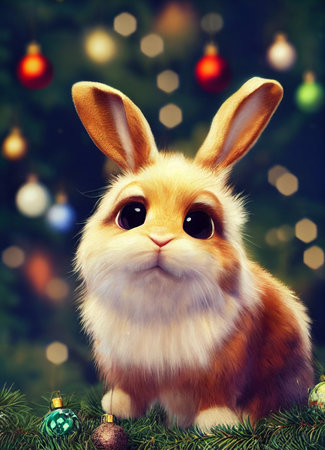 cute funny rabbit on the background of a fabulous winter forest, christmas cardの写真素材