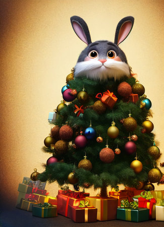 cute funny rabbit on the background of a fabulous winter forest, christmas cardの写真素材