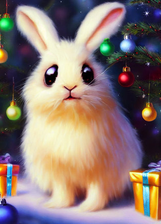 cute funny rabbit on the background of a fabulous winter forest, christmas cardの写真素材