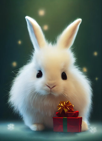 cute funny rabbit on the background of a fabulous winter forest, christmas cardの写真素材