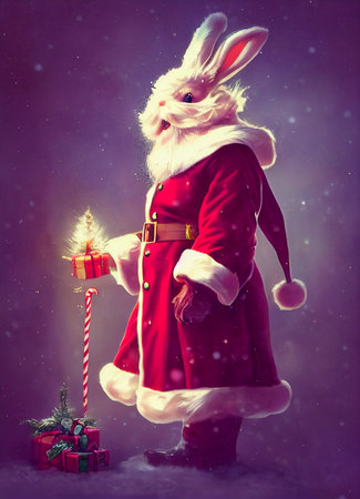 cute funny rabbit on the background of a fabulous winter forest, christmas cardの写真素材