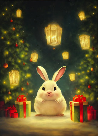 cute funny rabbit on the background of a fabulous winter forest, christmas cardの写真素材
