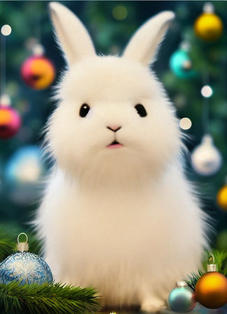 cute funny rabbit on the background of a fabulous winter forest, christmas cardの写真素材