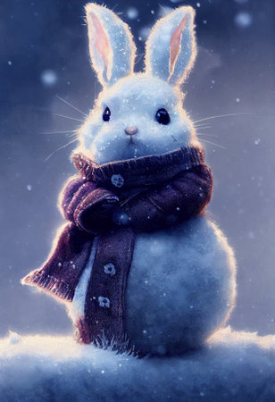 cute funny rabbit on the background of a fabulous winter forest, christmas cardの写真素材