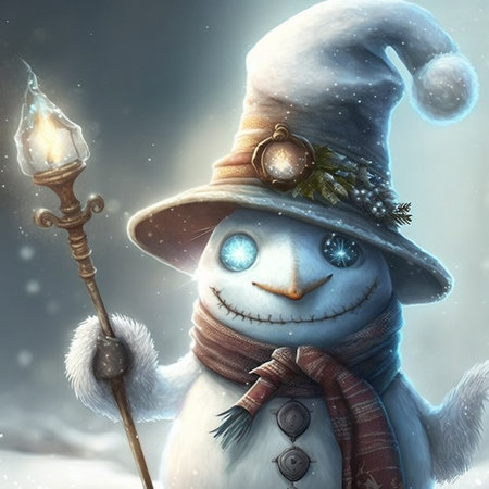 cute snowy snowman in a hat in winter forest, christmas cardの写真素材