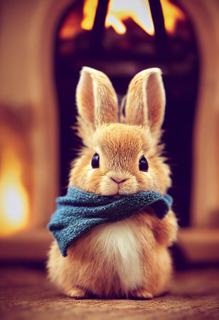 cute funny rabbit on the background of a fabulous winter forest, christmas cardの写真素材