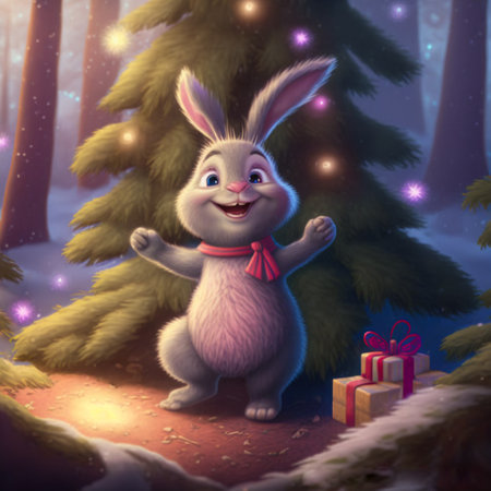 cute funny rabbit on the background of a fabulous winter forest, christmas cardの写真素材