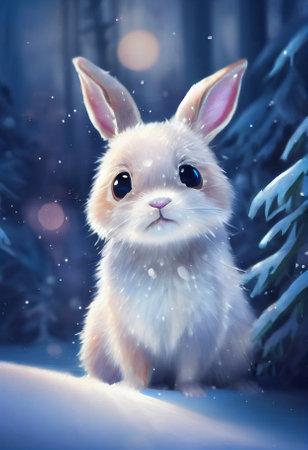 cute funny rabbit on the background of a fabulous winter forest, christmas cardの写真素材