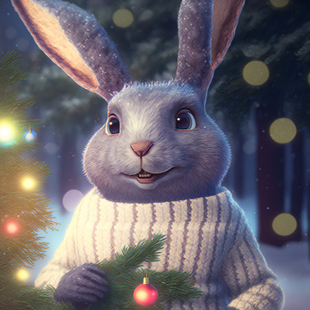 cute funny rabbit on the background of a fabulous winter forest, christmas cardの写真素材
