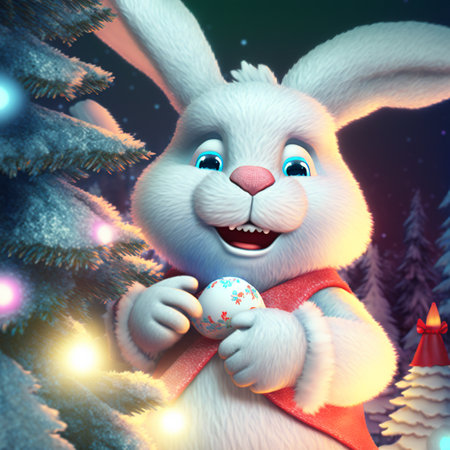 cute funny rabbit on the background of a fabulous winter forest, christmas cardの写真素材
