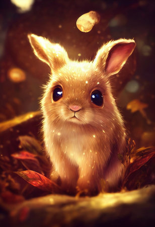 cute funny rabbit on the background of a fabulous winter forest, christmas cardの写真素材
