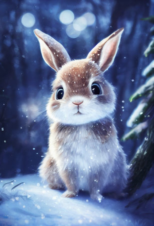 cute funny rabbit on the background of a fabulous winter forest, christmas cardの写真素材