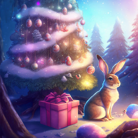 cute funny rabbit on the background of a fabulous winter forest, christmas cardの写真素材