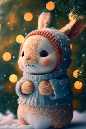 cute little rabbit in knitted warm clothes on the background of the Christmas treeの写真素材