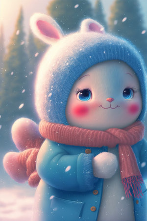 cute little bunny in pastel colored winter clothes in winter forest, christmas moodの写真素材