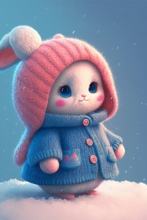 cute little bunny in pastel colored winter clothes in winter forest, christmas moodの写真素材