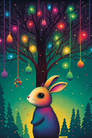 cute bunny cartoon character on the background of a christmas tree decorated with colorful lights, new year and christmas moodの写真素材