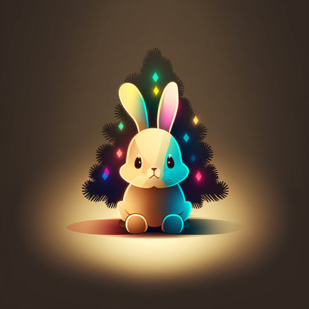 cute bunny cartoon character on the background of a christmas tree decorated with colorful lights, new year and christmas moodの写真素材