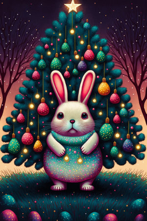 cute bunny cartoon character on the background of a christmas tree decorated with colorful lights, new year and christmas moodの写真素材