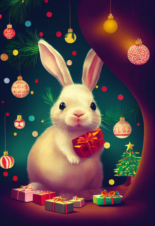 cute bunny cartoon character on the background of a christmas tree decorated with colorful lights, new year and christmas moodの写真素材