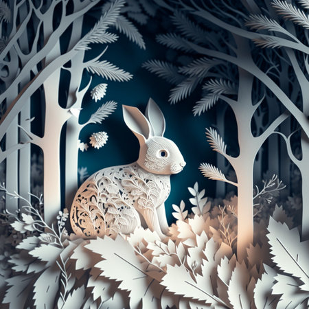 christmas bunny in winter forest, paper cut artの写真素材