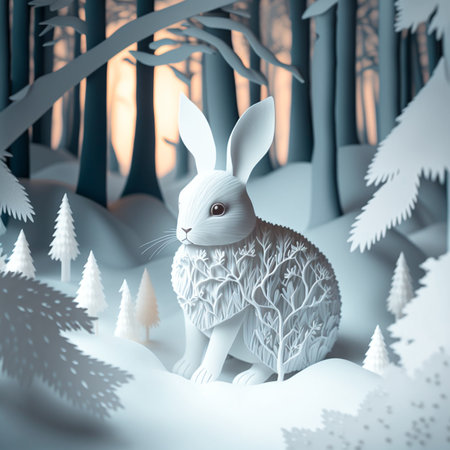 christmas bunny in winter forest, paper cut artの写真素材