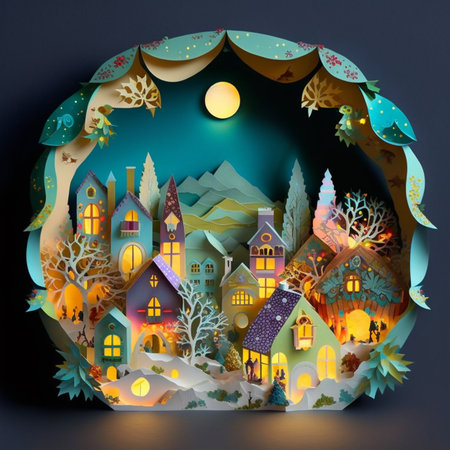 winter christmas city on postcard paper cut artの写真素材