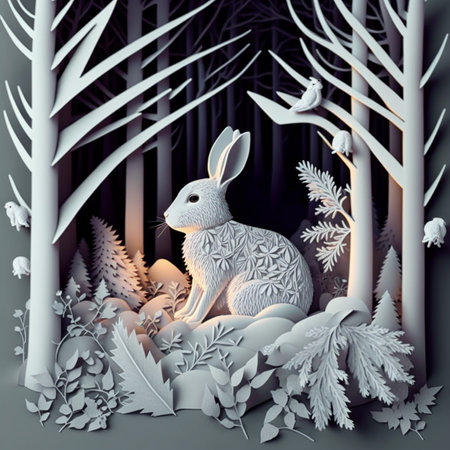 christmas bunny in winter forest, paper cut artの写真素材