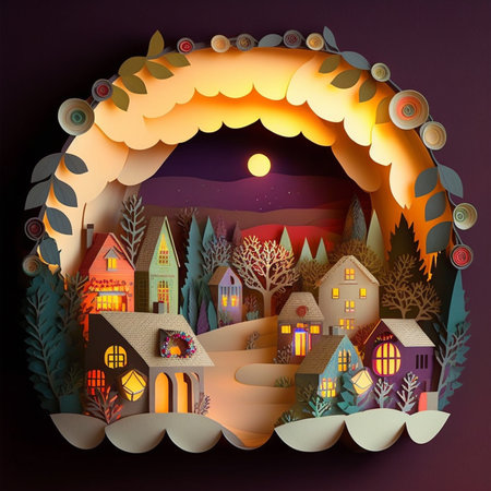 winter christmas city on postcard paper cut artの写真素材