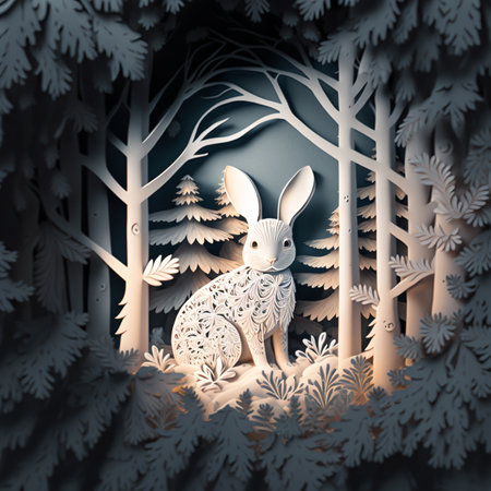 christmas bunny in winter forest, paper cut artの写真素材