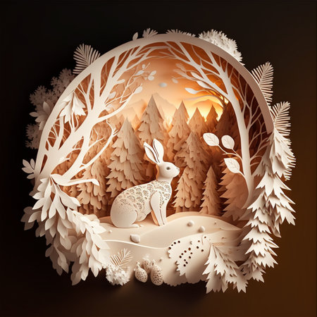 christmas bunny in winter forest, paper cut artの写真素材