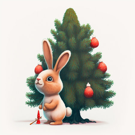 cute new year bunny next to christmas tree on monochrome white backgroundの写真素材