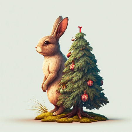 cute new year bunny next to christmas tree on monochrome white backgroundの写真素材